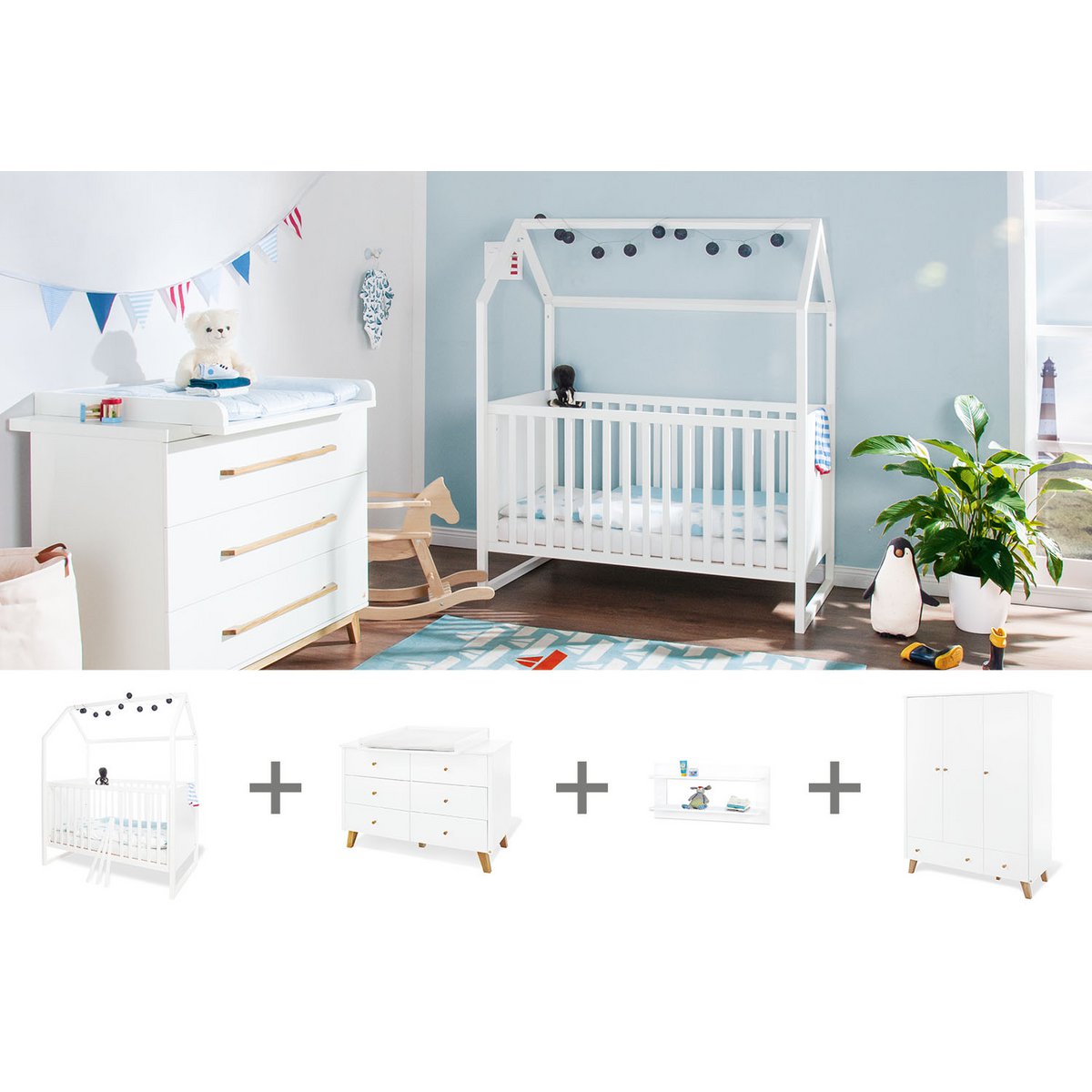 Kamer 'Hilda & Pan' – Extra brede witte grote set met wandplank (4-delig: Huisbed, Extra brede commode, Grote kledingkast, Wandplank)