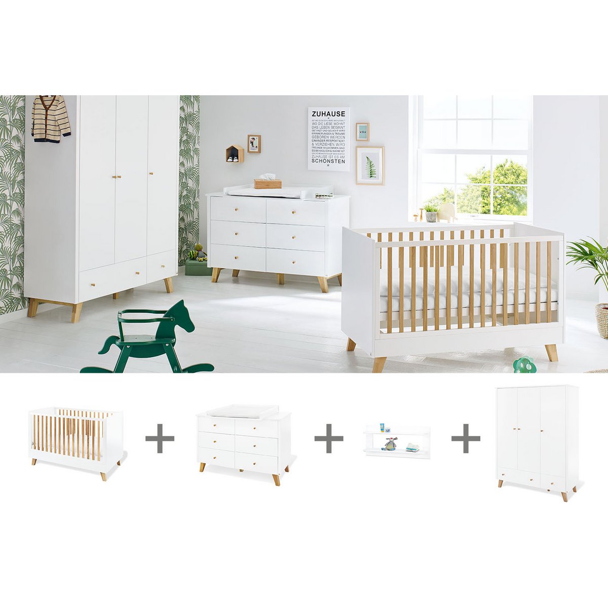 Kamer 'Pan' – Extra brede grote set met wandplank (4-delig: Ledikant, Extra brede commode, Grote kledingkast, Wandplank)