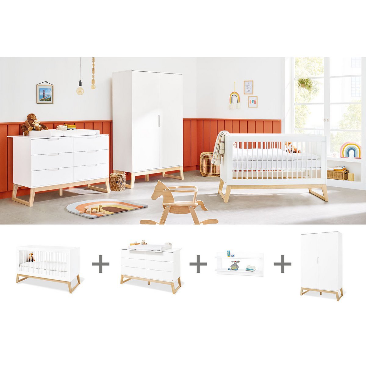 Kamer 'Bridge' – Extra brede set met wandplank (4-delig: Ledikant, Extra brede commode, 2-deurs kledingkast, Wandplank)