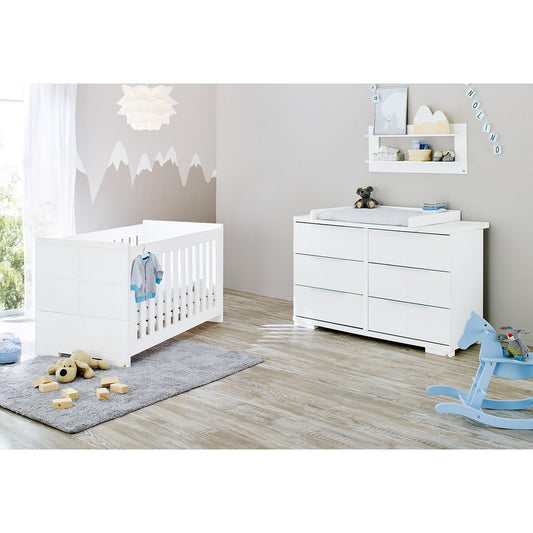 Kamer 'Polar' – Extra brede starterset met wandplank (3-delig: Ledikant, Extra brede commode, Wandplank)