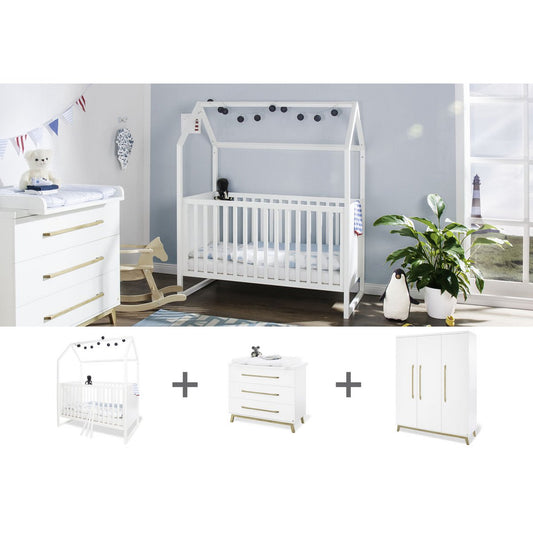 Kamer 'Hilda & Riva' – Brede witte grote set (3-delig: Huisbed, Brede commode, Grote kledingkast)