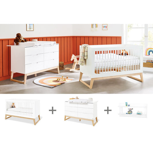 Kamer 'Bridge' – Extra brede starterset met wandplank (3-delig: Ledikant, Extra brede commode, Wandplank)