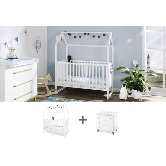 Kamer 'Hilda & Pan' – Brede witte starterset (2-delig: Huisbed, Brede commode)