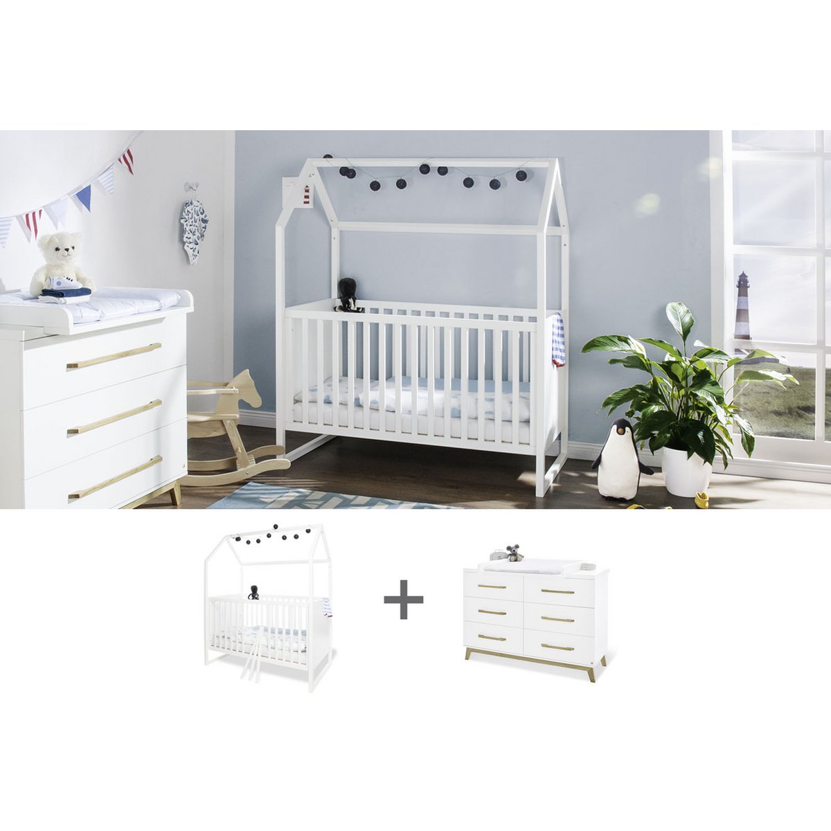 Kamer 'Hilda & Riva' – Extra brede witte starterset (2-delig: Huisbed, Extra brede commode)