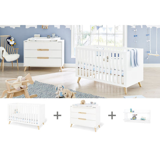 Kamer 'Move' – Brede starterset met wandplank (3-delig: Ledikant, Brede commode, Wandplank)