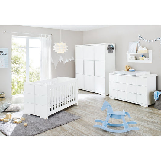 Kamer 'Polar' – Extra brede grote set met wandplank (4-delig: Ledikant, Extra brede commode, Grote kledingkast, Wandplank)