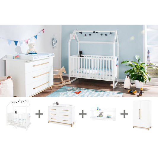 Kamer 'Hilda & Riva' – Extra brede witte set met wandplank (4-delig: Huisbed, Extra brede commode, 2-deurs kledingkast, Wandplank)