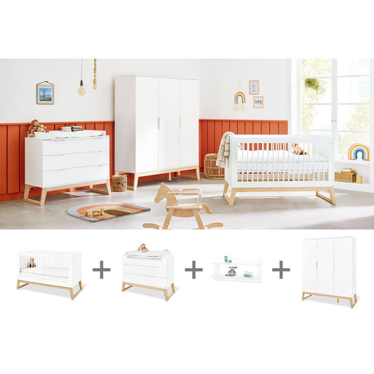 Kamer 'Bridge' – Brede grote set met wandplank (4-delig: Ledikant, Brede commode, Grote kledingkast, Wandplank)