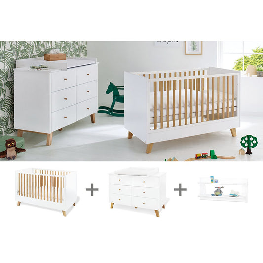 Kamer 'Pan' – Extra brede starterset met wandplank (3-delig: Ledikant, Extra brede commode, Wandplank)